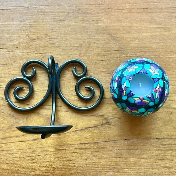 Round Mosaic Patterned Candle w/ Black Wrought Iron Scroll Wall Decor - Picture 3 of 6